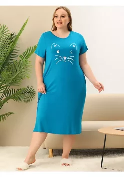Agnes Orinda Women's Plus Size Nightgown Pajamas Pockets Soft Comfy Cute Cat Sleepwear Nightgowns, Leisure Rayon Sleep Dress Round Neck Slit Pocket Midi Nightdress with Cat Print -Agnes Orinda Store Belk 1918