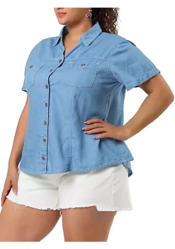 Agnes Orinda Plus Size Jeans Shirt for Women Short Sleeve Chest Pocket Button Down Denim Shirts