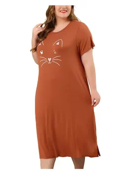 Agnes Orinda Women's Plus Size Nightgown Pajamas Pockets Soft Comfy Cute Cat Sleepwear Nightgowns, Leisure Rayon Sleep Dress Round Neck Slit Pocket Midi Nightdress with Cat Print -Agnes Orinda Store Belk 1922
