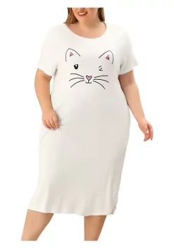 Agnes Orinda Women's Plus Size Nightgown Pajamas Pockets Soft Comfy Cute Cat Sleepwear Nightgowns, Leisure Rayon Sleep Dress Round Neck Slit Pocket Midi Nightdress with Cat Print -Agnes Orinda Store Belk 1923