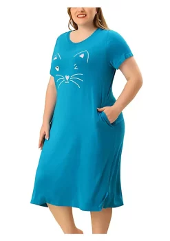 Agnes Orinda Women's Plus Size Nightgown Pajamas Pockets Soft Comfy Cute Cat Sleepwear Nightgowns, Leisure Rayon Sleep Dress Round Neck Slit Pocket Midi Nightdress with Cat Print -Agnes Orinda Store Belk 1924
