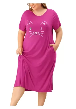 Agnes Orinda Women's Plus Size Nightgown Pajamas Pockets Soft Comfy Cute Cat Sleepwear Nightgowns, Leisure Rayon Sleep Dress Round Neck Slit Pocket Midi Nightdress with Cat Print -Agnes Orinda Store Belk 1925