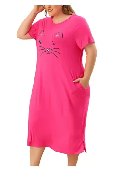 Agnes Orinda Women's Plus Size Nightgown Pajamas Pockets Soft Comfy Cute Cat Sleepwear Nightgowns, Leisure Rayon Sleep Dress Round Neck Slit Pocket Midi Nightdress with Cat Print -Agnes Orinda Store Belk 1926