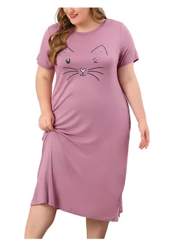 Agnes Orinda Women's Plus Size Nightgown Pajamas Pockets Soft Comfy Cute Cat Sleepwear Nightgowns, Leisure Rayon Sleep Dress Round Neck Slit Pocket Midi Nightdress with Cat Print -Agnes Orinda Store Belk 1927