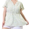 Agnes Orinda Women's Plus Size Floral Top, Elastic Smocked Waist Lightweight Chiffon Blouses