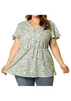 Agnes Orinda Women's Plus Size Floral Top, Elastic Smocked Waist Lightweight Chiffon Blouses -Agnes Orinda Store Belk 1933