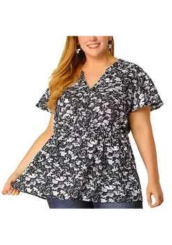 Agnes Orinda Women's Plus Size Floral Top, Elastic Smocked Waist Lightweight Chiffon Blouses -Agnes Orinda Store Belk 1934