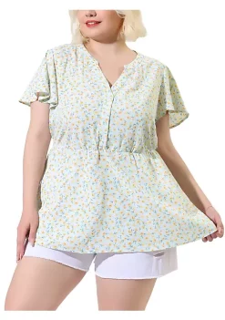 Agnes Orinda Women's Plus Size Floral Top, Elastic Smocked Waist Lightweight Chiffon Blouses -Agnes Orinda Store Belk 1935
