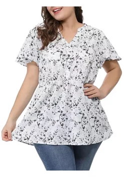Agnes Orinda Women's Plus Size Floral Top, Elastic Smocked Waist Lightweight Chiffon Blouses -Agnes Orinda Store Belk 1936