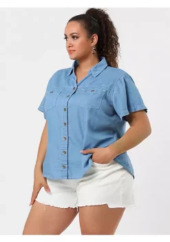 Agnes Orinda Plus Size Jeans Shirt for Women Short Sleeve Chest Pocket Button Down Denim Shirts -Agnes Orinda Store Belk 195