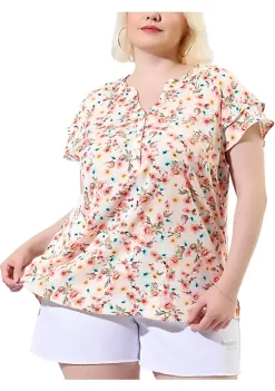 Agnes Orinda Plus Size Blouse for Women Layered Sleeve V Neck Floral Print Top Blouses