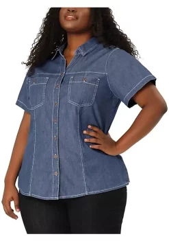 Agnes Orinda Plus Size Jeans Shirt for Women Short Sleeve Chest Pocket Button Down Denim Shirts -Agnes Orinda Store Belk 199