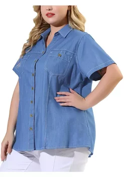 Agnes Orinda Plus Size Jeans Shirt for Women Short Sleeve Chest Pocket Button Down Denim Shirts -Agnes Orinda Store Belk 200