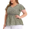 Agnes Orinda Women's Plus Size Peplum Smocked Waist Short Sleeve Floral Blouses