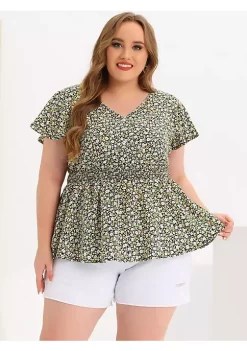 Agnes Orinda Women's Plus Size Peplum Smocked Waist Short Sleeve Floral Blouses -Agnes Orinda Store Belk 2037