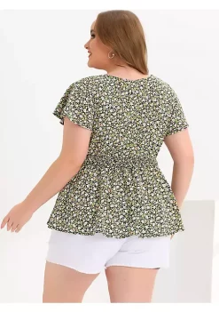 Agnes Orinda Women's Plus Size Peplum Smocked Waist Short Sleeve Floral Blouses -Agnes Orinda Store Belk 2038