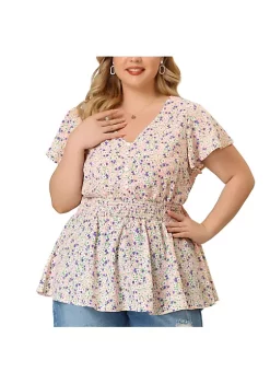 Agnes Orinda Women's Plus Size Peplum Smocked Waist Short Sleeve Floral Blouses -Agnes Orinda Store Belk 2040