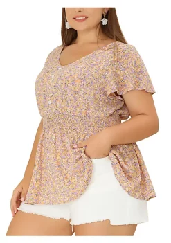 Agnes Orinda Women's Plus Size Peplum Smocked Waist Short Sleeve Floral Blouses -Agnes Orinda Store Belk 2041