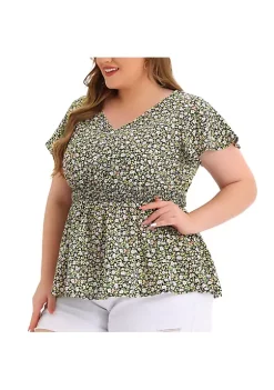 Agnes Orinda Women's Plus Size Peplum Smocked Waist Short Sleeve Floral Blouses -Agnes Orinda Store Belk 2042