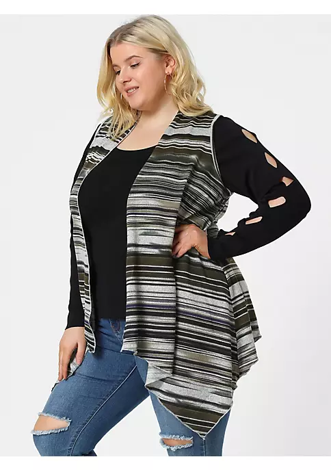 Agnes Orinda Women's Plus Size Cardigan, Casual Striped Pattern Irregular Hem Sleeveless Cardigans 4 Agnes Orinda Women's Plus Size Cardigan, Casual Striped Pattern Irregular Hem Sleeveless Cardigans - Image 2