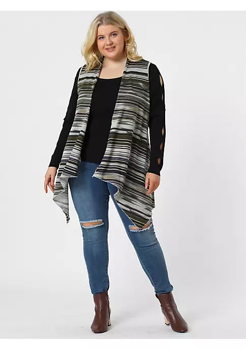 Agnes Orinda Women's Plus Size Cardigan, Casual Striped Pattern Irregular Hem Sleeveless Cardigans 5 Agnes Orinda Women's Plus Size Cardigan, Casual Striped Pattern Irregular Hem Sleeveless Cardigans - Image 3