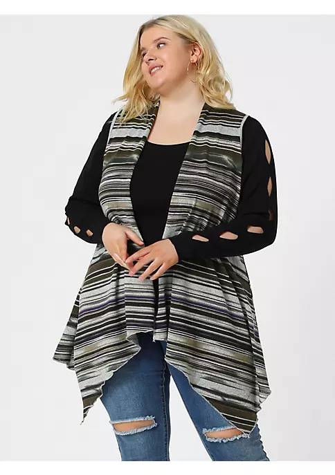 Agnes Orinda Women's Plus Size Cardigan, Casual Striped Pattern Irregular Hem Sleeveless Cardigans 6 Agnes Orinda Women's Plus Size Cardigan, Casual Striped Pattern Irregular Hem Sleeveless Cardigans - Image 4