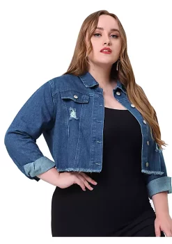 Agnes Orinda Plus Size Jeans Jacket for Women Frayed Washed Cropped Denim Jackets -Agnes Orinda Store Belk 2052
