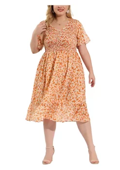 Agnes Orinda Women's Plus Size Spring Smocked Elegant Floral Flare Midi Dress -Agnes Orinda Store Belk 2056