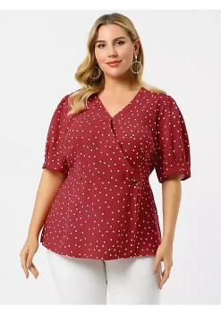 Agnes Orinda Plus Size Polka Dots Blouse for Women V Neck Short Sleeve Wrap Peplum Tops 1X Red -Agnes Orinda Store Belk 2059