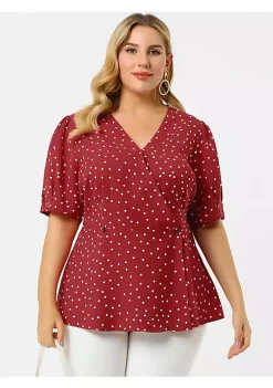 Agnes Orinda Plus Size Polka Dots Blouse for Women V Neck Short Sleeve Wrap Peplum Tops 1X Red -Agnes Orinda Store Belk 2060