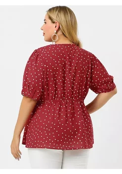 Agnes Orinda Plus Size Polka Dots Blouse for Women V Neck Short Sleeve Wrap Peplum Tops 1X Red -Agnes Orinda Store Belk 2061