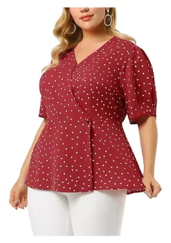 Agnes Orinda Plus Size Polka Dots Blouse for Women V Neck Short Sleeve Wrap Peplum Tops 1X Red -Agnes Orinda Store Belk 2062