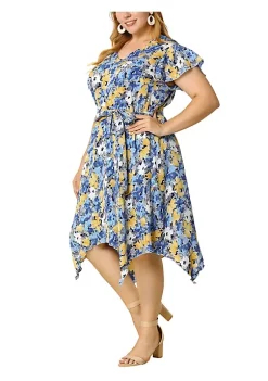 Agnes Orinda Women's Plus Size Spring Floral Chiffon Tie Waist Ruffled Midi Dress -Agnes Orinda Store Belk 2076