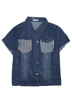 Agnes Orinda Plus Size Jeans Jackets for Women Button Short Sleeve Frayed Washed Denim Jacket