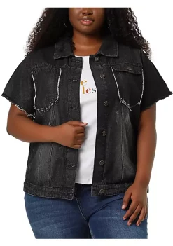 Agnes Orinda Plus Size Jeans Jackets for Women Button Short Sleeve Frayed Washed Denim Jacket -Agnes Orinda Store Belk 2085