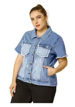 Agnes Orinda Plus Size Jeans Jackets for Women Button Short Sleeve Frayed Washed Denim Jacket -Agnes Orinda Store Belk 2086