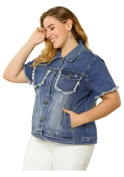 Agnes Orinda Plus Size Jeans Jackets for Women Button Short Sleeve Frayed Washed Denim Jacket -Agnes Orinda Store Belk 2087