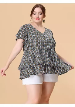 Agnes Orinda Women's Plus Size Spring Geometric Print Layered Ruffle Hem Short Sleeve Top -Agnes Orinda Store Belk 2099