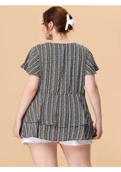 Agnes Orinda Women's Plus Size Spring Geometric Print Layered Ruffle Hem Short Sleeve Top -Agnes Orinda Store Belk 2100