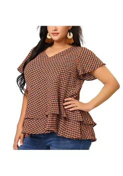 Agnes Orinda Women's Plus Size Spring Geometric Print Layered Ruffle Hem Short Sleeve Top -Agnes Orinda Store Belk 2102