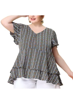 Agnes Orinda Women's Plus Size Spring Geometric Print Layered Ruffle Hem Short Sleeve Top -Agnes Orinda Store Belk 2103