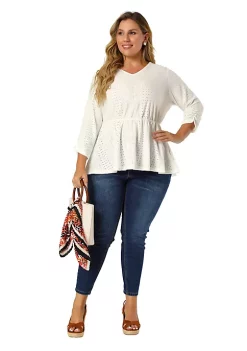 Agnes Orinda Women's Plus Size Hollow Out Elastic Waist Peplum Elegant 3/4 Sleeve Blouses -Agnes Orinda Store Belk 2106