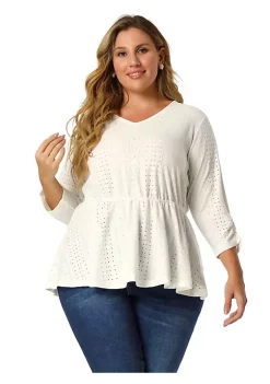 Agnes Orinda Women's Plus Size Hollow Out Elastic Waist Peplum Elegant 3/4 Sleeve Blouses -Agnes Orinda Store Belk 2107