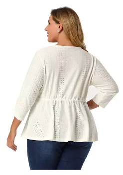 Agnes Orinda Women's Plus Size Hollow Out Elastic Waist Peplum Elegant 3/4 Sleeve Blouses -Agnes Orinda Store Belk 2108