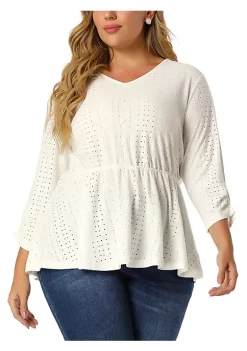 Agnes Orinda Women's Plus Size Hollow Out Elastic Waist Peplum Elegant 3/4 Sleeve Blouses -Agnes Orinda Store Belk 2109