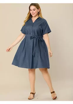 Agnes Orinda Women's Plus Size Tie Waist Half Placket Chambray Midi Shirtdress -Agnes Orinda Store Belk 2112