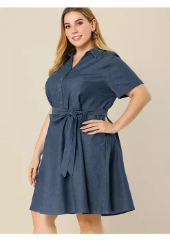 Agnes Orinda Women's Plus Size Tie Waist Half Placket Chambray Midi Shirtdress -Agnes Orinda Store Belk 2113