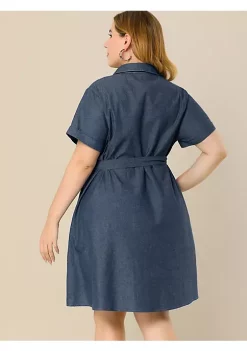 Agnes Orinda Women's Plus Size Tie Waist Half Placket Chambray Midi Shirtdress -Agnes Orinda Store Belk 2114