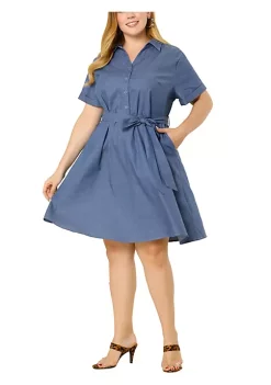 Agnes Orinda Women's Plus Size Tie Waist Half Placket Chambray Midi Shirtdress -Agnes Orinda Store Belk 2115
