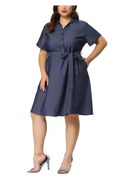 Agnes Orinda Women's Plus Size Tie Waist Half Placket Chambray Midi Shirtdress -Agnes Orinda Store Belk 2116